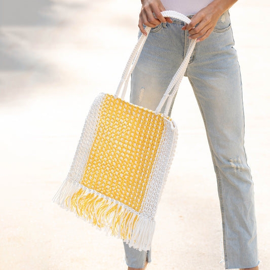 Millie Bag – Knitted Raffia Bag with fringes - Yello/White