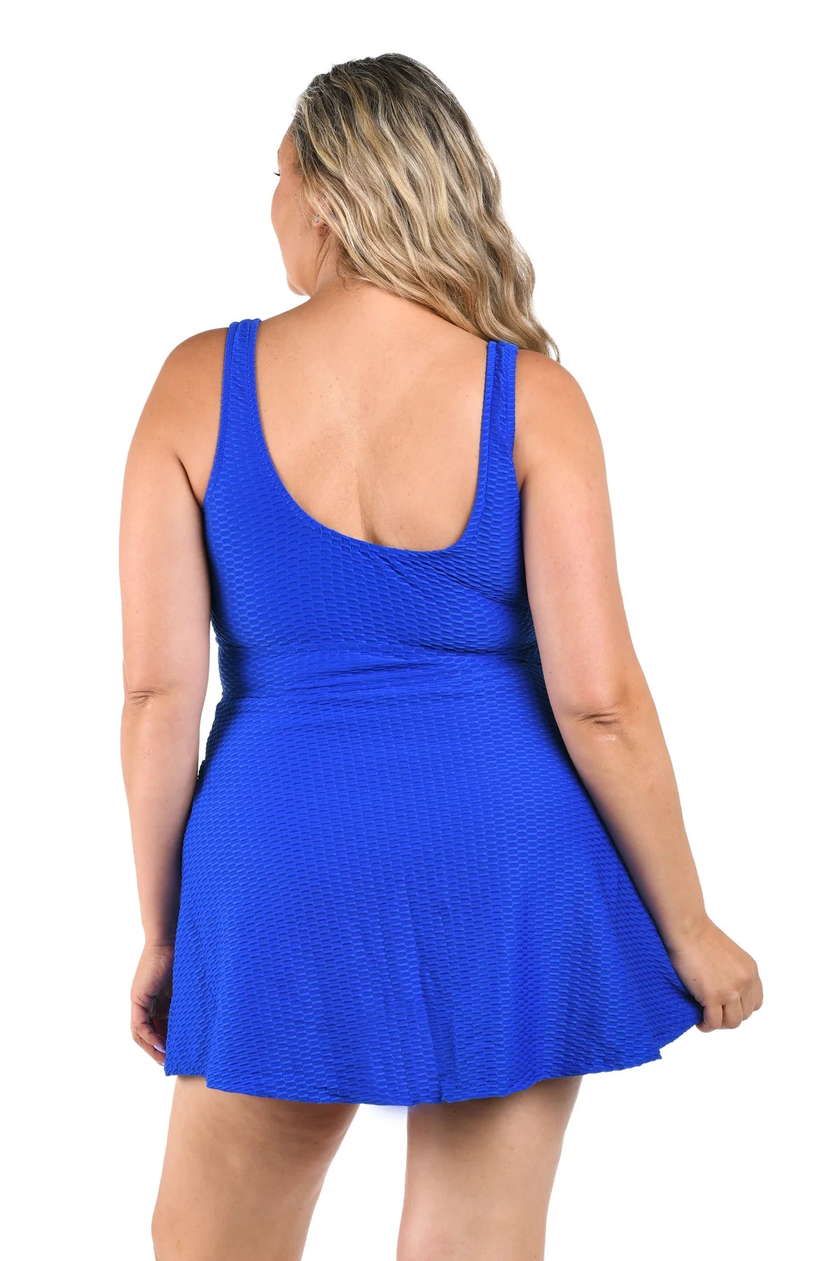 Textured Spa V-Neck Swim Dress One Piece - Cobalt 16W-24W