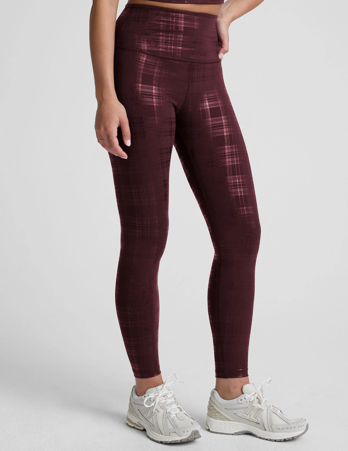 High Waisted Midi Legging - Plaid Foil Burgundy XS-XL