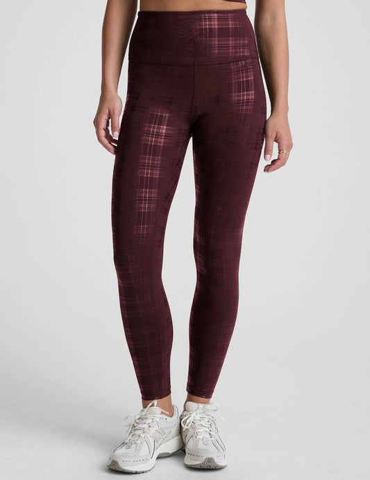 High Waisted Midi Legging - Plaid Foil Burgundy XS-XL