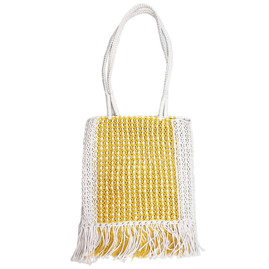 Millie Bag – Knitted Raffia Bag with fringes - Yello/White