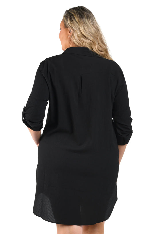 Woven Covers Button Down Tunic- Black 1X-3X