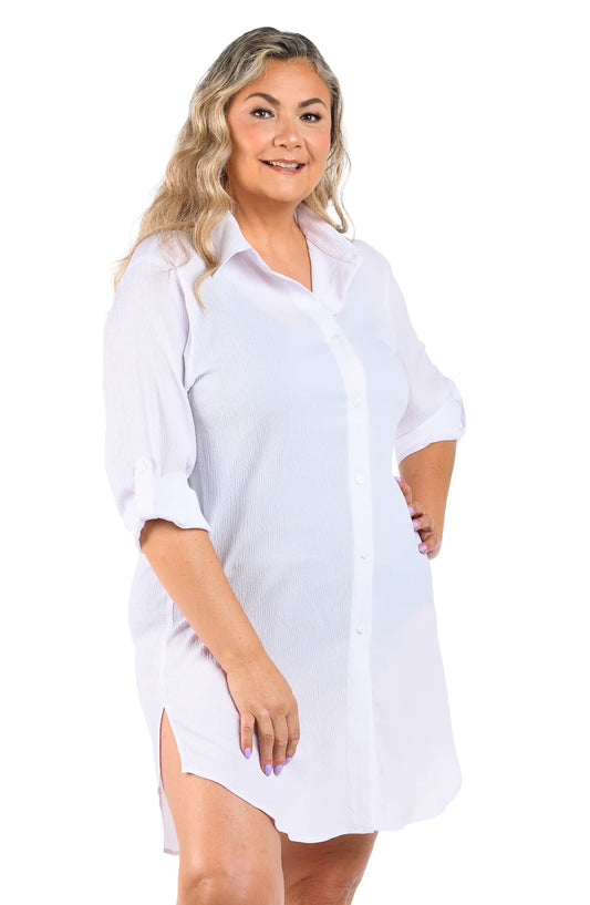 Woven Covers Button Down Tunic- White 1X-3X