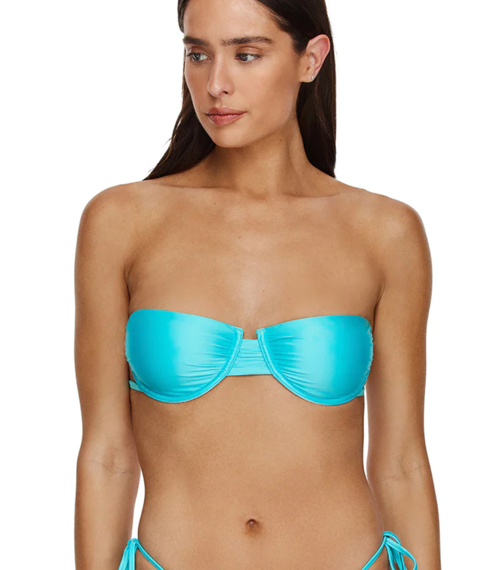 Satin Touch Underwire Bandeau Bikini Top-Aqua Blue XS-L