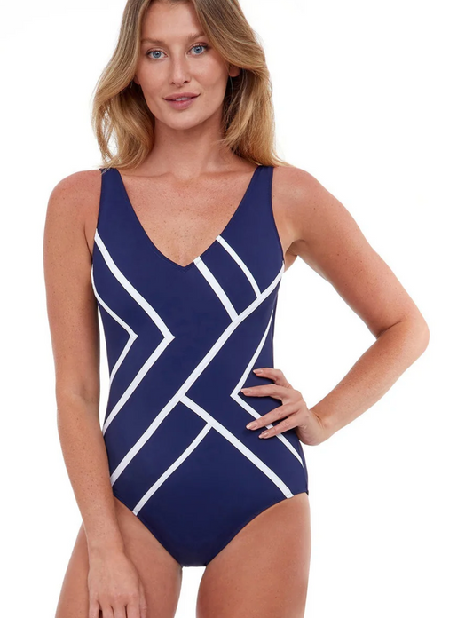 Mirage Full Coverage V-Neck One Piece Swimsuit - Navy/White 6-18