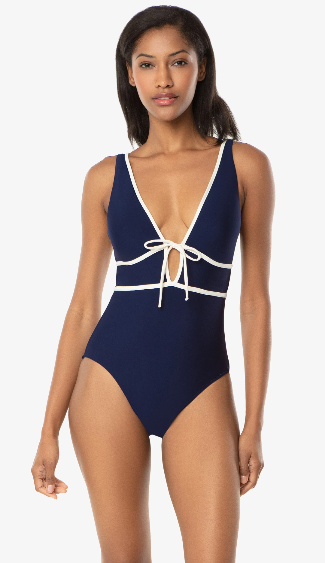 Plunge Front Tie One-Piece - Navy Ivory S-XL