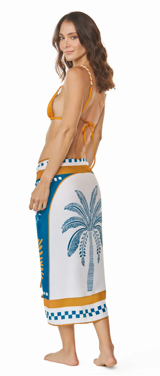 Grace Bay Multipurpose Long Pareo Cover-Up - Turquoise/White/ Mustard OS
