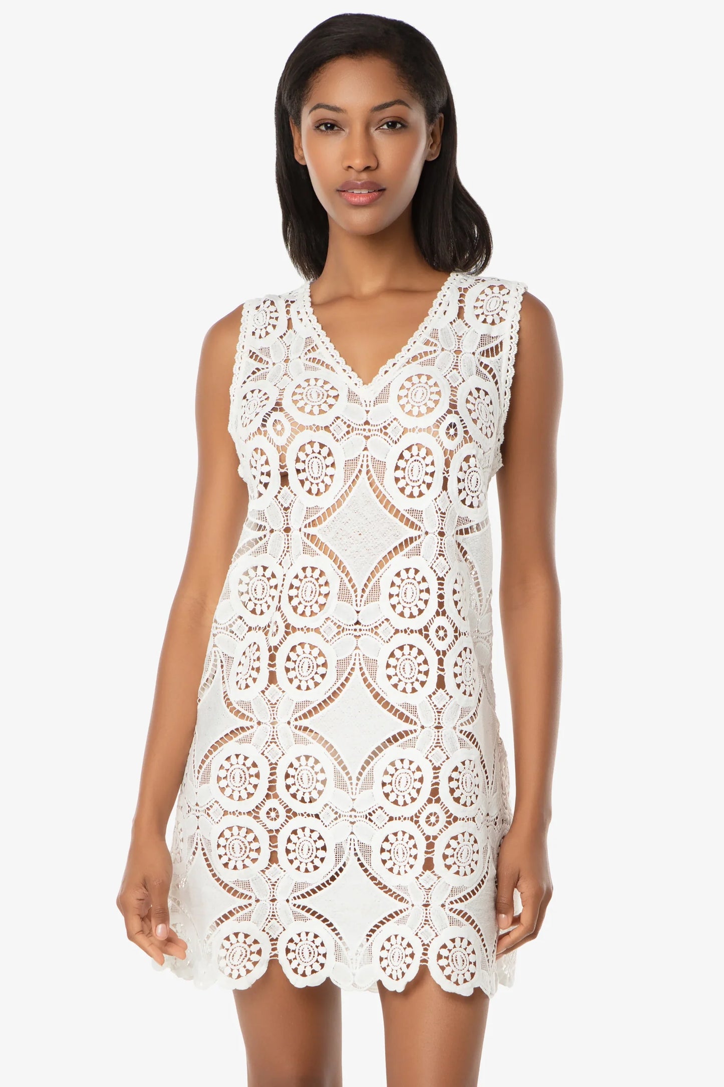 V-Neck Lace Dress/Cover Up - White Lace Crochet