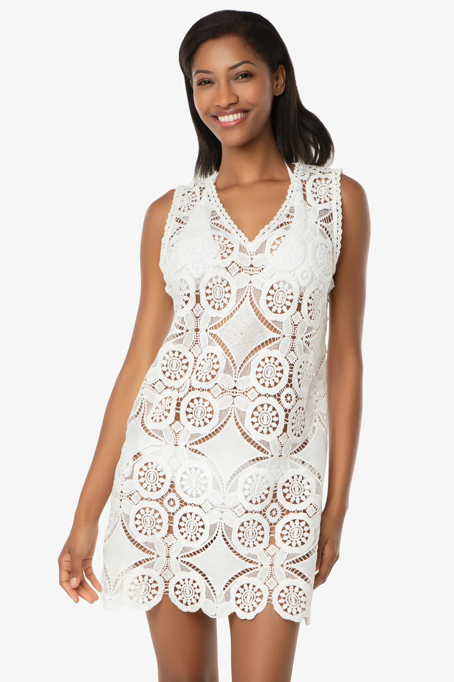 V-Neck Lace Dress/Cover Up - White Lace Crochet