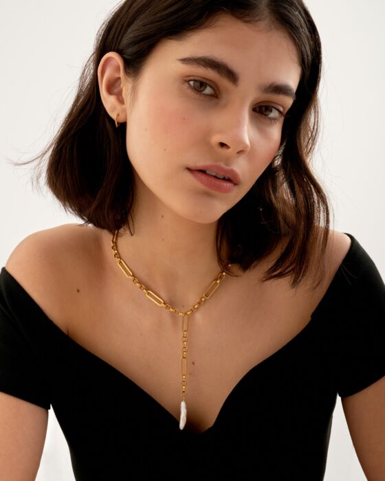 Allure Waterproof Gold Pearl Lariat Necklace