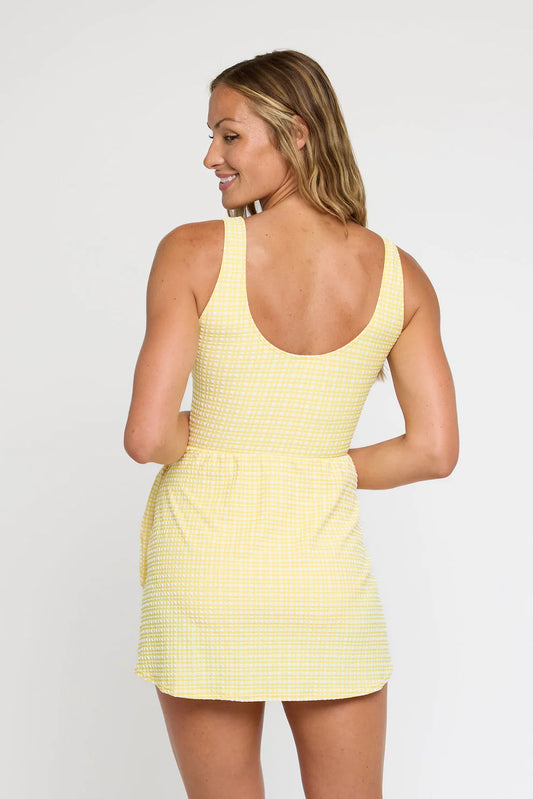 Manuela One-Piece Swim Dress in Yellow Seersucker